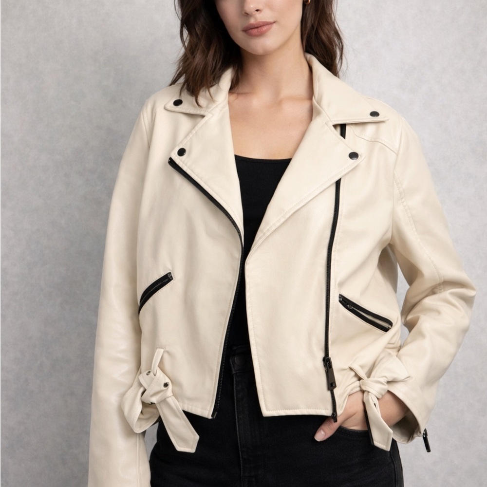 Missguided + Cream Leather Biker Jacket